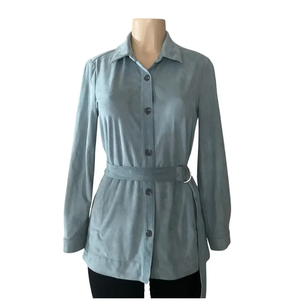 Vince Camuto Faux Suede Button Front Belted Shirt Jacket Women’s XS Blue